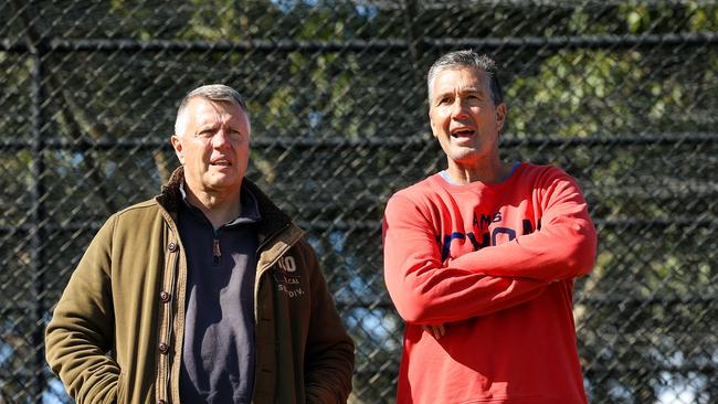 VFL: Footscray v Carlton at Port Melbourne oval. Graeme Allan and Stephen Silvagni from St Kilda watch the game. Picture: Ian Currie