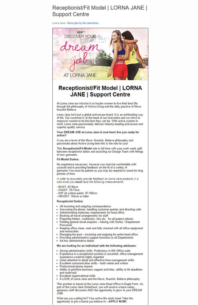 Lorna Jane highlights 'misconceptions' over vacancy advertisement for size  small receptionist - Australasian Leisure Management