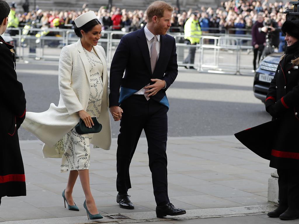 Harry and Meghan arriving for her last official engagement before she gives birth. Picture: AP Photo/Frank Augstein