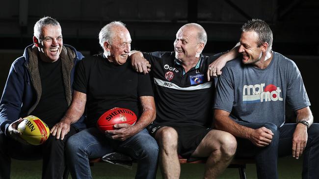 Current and Former PAFC coaches - Mark Williams, John Cahill, Current senior coach Ken Hinkley and Matthew Primus. Williams, Cahill and Primus addressed the current Port Adelaide playing list ahead of the club’s 150th gala dinner. Picture SARAH REED