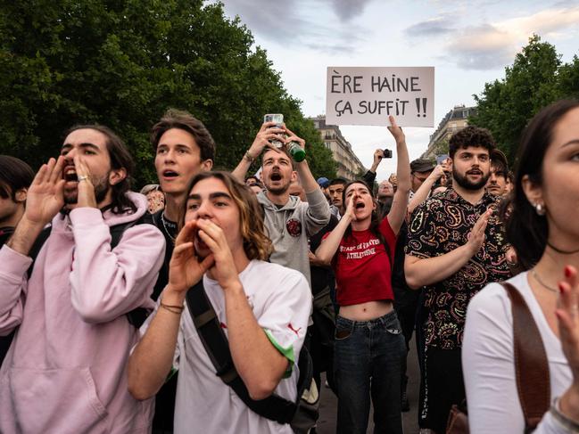Protesters gather after the results at Place de la Republique in Paris. Picture: AFP