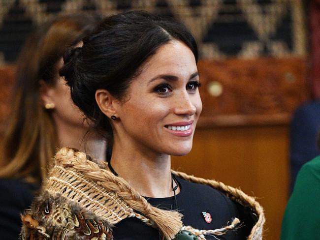 Meghan was gifted a traditional Maori robe, which she wore over a Stella McCartney dress, in Rotarua. Picture: AP