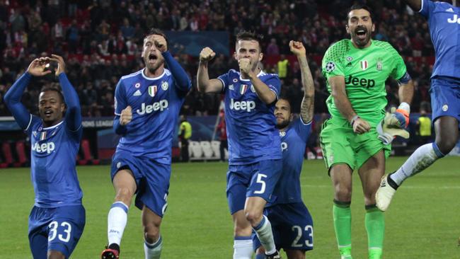 Juventus players celebrate a 3-1 win in Europe.