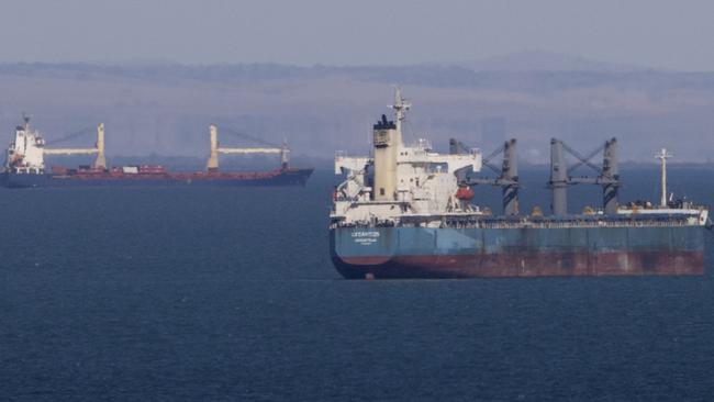 Ships waiting offshore at Whyalla’s steelworks. Picture: Brett Hartwig