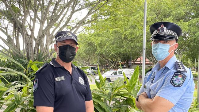 Cairns Police Senior Sergeant Simon Laverty and Acting Inspector Marty Ots said they are encouraged by the number of businesses in the city participating in the Community Camera Alliance and signing up to have their CCTV available to assist officers combat crime. Picture: Alison Paterson