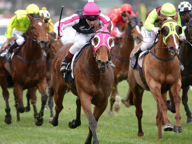 Thomas Sadler riding Del Prado to victory in Race 6 the Timothy Kelly and Kevin Viney Handicap during Racing Rewards Raceday at Flemington Racecourse on Saturday, August 8, 2015, in Flemington, Victoria, Australia. Picture: Hamish Blair