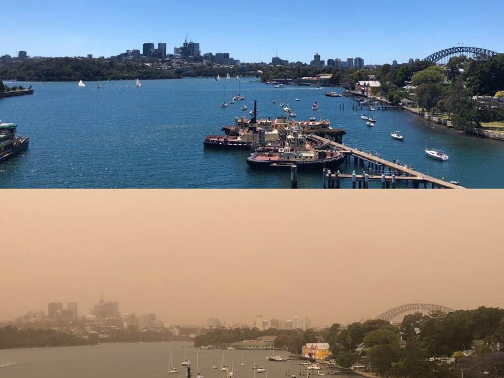 A composite image shows the contrast of Sydney Harbour on a clear day with the harbour shrouded in a smoky haze. Picture: Twitter