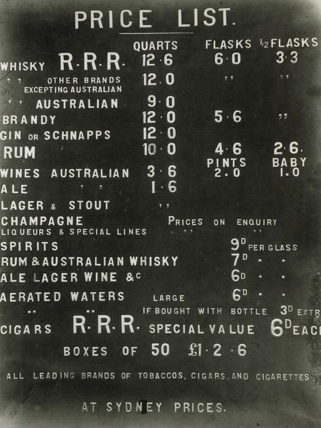 Booze, liquor and tobacco prices at the RRRs. Do you know what date this was taken?   Picture: NSW State Archives