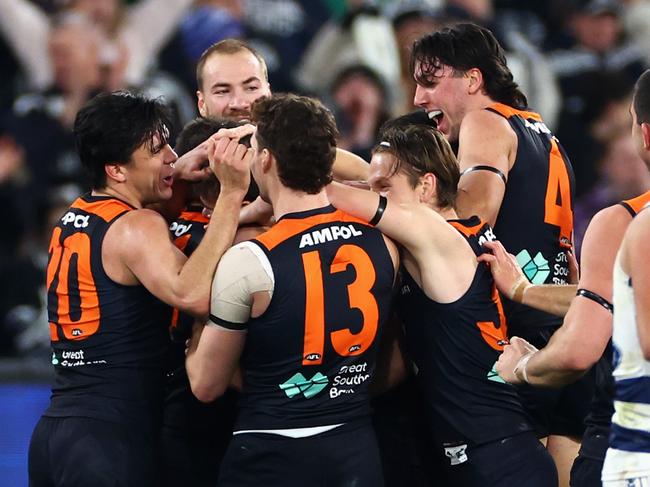 Carlton’s players celebrate a goal during their 2024 Carlton Respects game against Geelong. Picture: Quinn Rooney/Getty Images