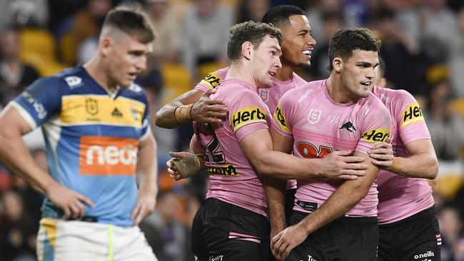 BRISBANE, AUSTRALIA - MAY 16: Panthers celebrate a try during the round 10 NRL match between the Gold Coast Titans and the Penrith Panthers at Suncorp Stadium, on May 16, 2021, in Brisbane, Australia. (Photo by Albert Perez/Getty Images)