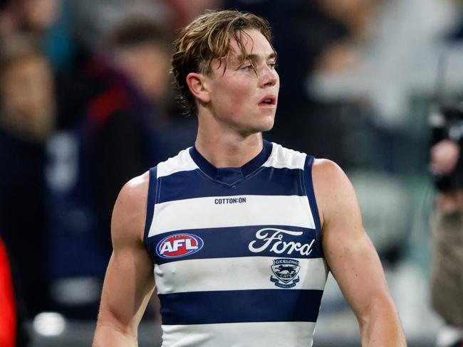 MELBOURNE, AUSTRALIA - MAY 04: Tanner Bruhn of the Cats is seen leaving the ground at half time during the 2024 AFL Round 08 match between the Melbourne Demons and the Geelong Cats at The Melbourne Cricket Ground on May 04, 2024 in Melbourne, Australia. (Photo by Dylan Burns/AFL Photos via Getty Images)