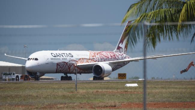 Qantas flight QF110 touches down at RAAF Base Darwin on October 23, 2020 in Darwin, Australia. Picture: Lisa McTiernan/Getty Images