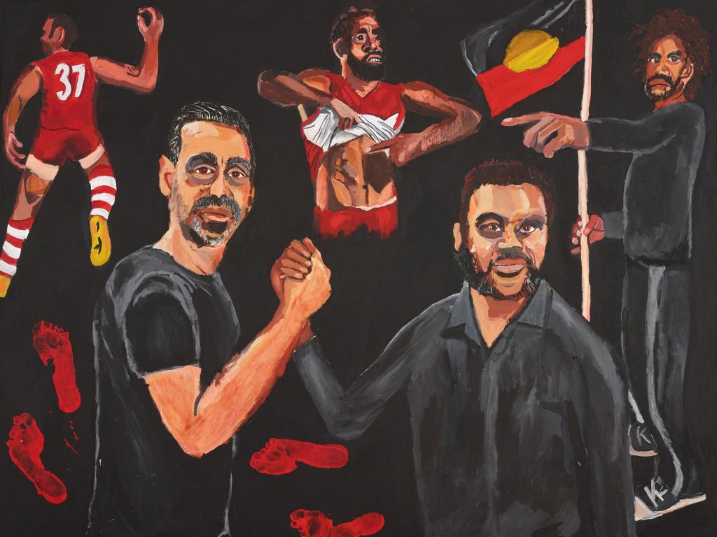 Vincent Namatjira: Stand strong for who you are. Portrait of former footballer Adam Goodes and Vincent Namatjira.