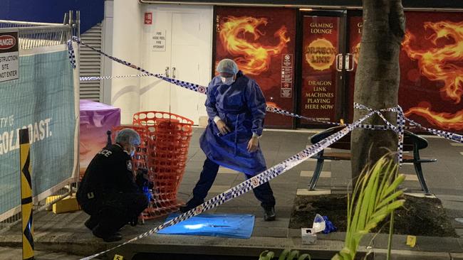 Police at the scene of the fatal stabbing in Surfers Paradise on Wednesday night.