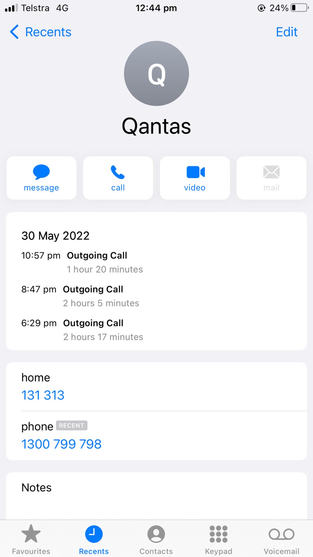 This single picture exposes the downfall of Qantas - I spent over five hours on the phone in one night alone after they replaced my overseas flight with a domestic one. Picture: Supplied