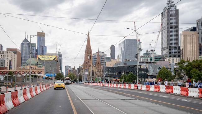 Princes Bridge with additional bollard works underway. Picture: Jake Nowakowski