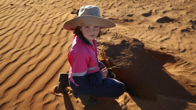 Annie Kelly, 6, on the family property in Werrimull. Picture: Alex Coppel