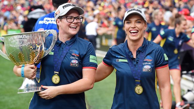 Adelaide head coach Bec Goddard celebrated with Crow Abbey Holmes.