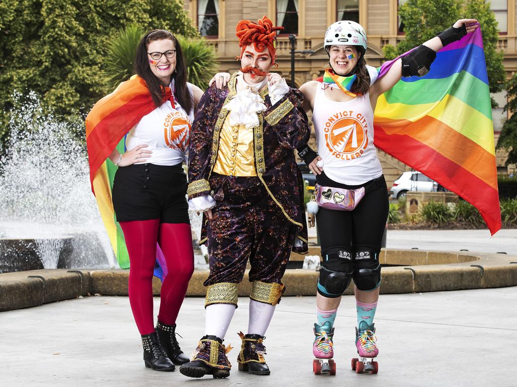 (L-R) Jess Gulliver, Justin Cider and Phoebe Burley before the Pride March through Hobart. Picture Chris Kidd