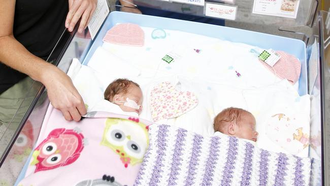 Twins Sienna and Jessie Symington at the NICU ward at Gold Coast University Hospital. Picture: Tertius Pickard