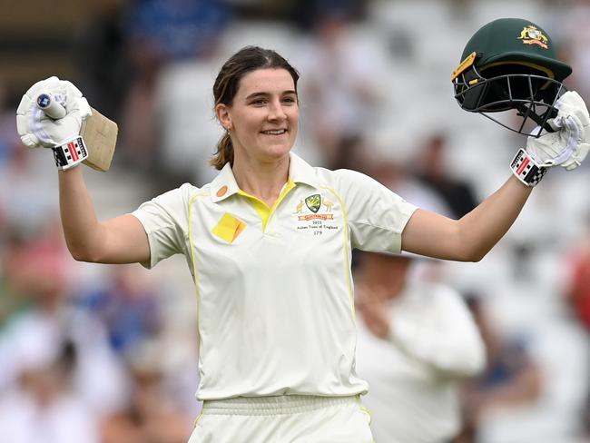 NOTTINGHAM, ENGLAND - JUNE 23: Annabel Sutherland of Australia celebrates reaching her century during day two of the LV= Insurance Women's Ashes Test match between England and Australia at Trent Bridge on June 23, 2023 in Nottingham, England. (Photo by Gareth Copley/Getty Images)