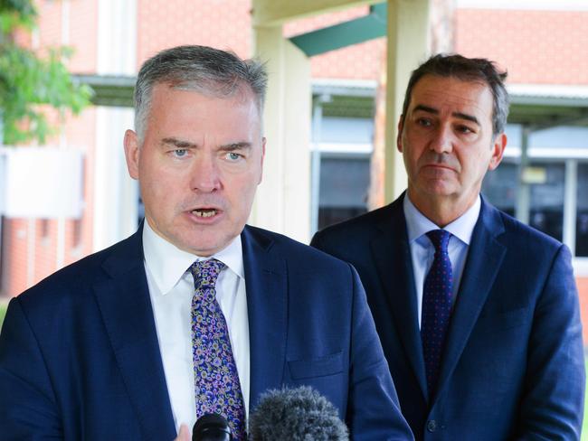 Health Minister Stephen Wade and Premier Steven Marshall at a new drive-through testing clinic at Hampstead Rehabilitation Centre on March 24. Picture: Brenton Edwards