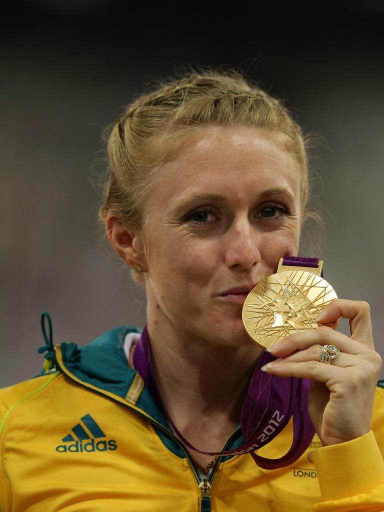 Sally Pearson with her gold in London. Pic. Brett Costello