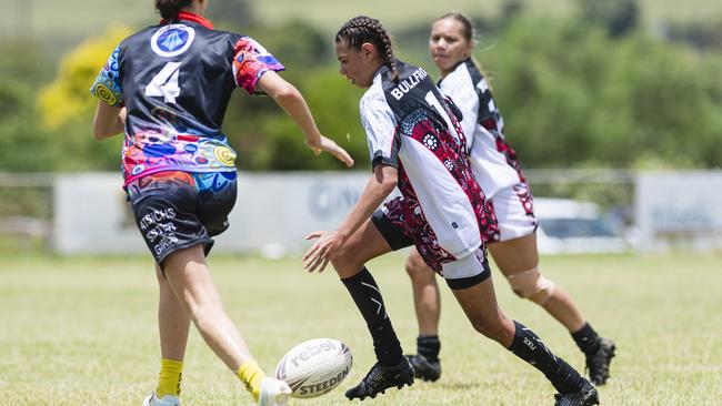 Jemmika Dahlsthom kicks for the Bradley Dahlstrom Memorial team. Picture: Kevin Farmer