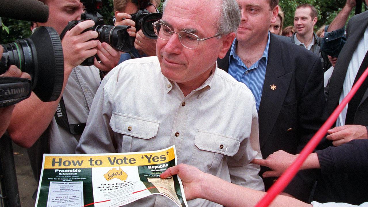 Australian Prime Minister John Howard declining a how to vote "yes" pamphlet during the 1999 republic referendum. Picture: AP Photo/Dean/Sewell