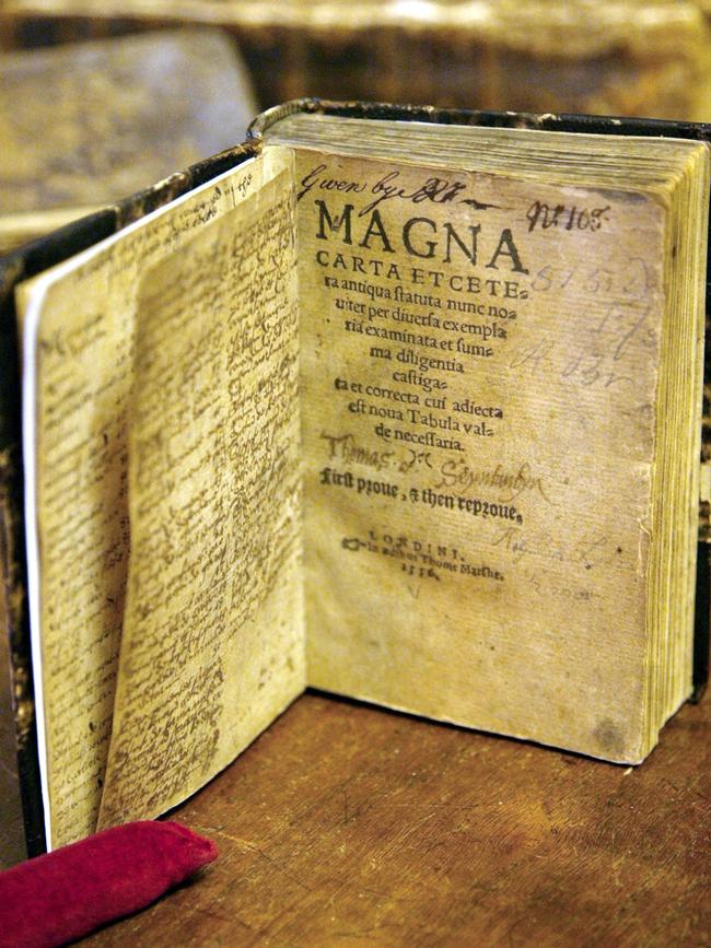 A bound copy of the Magna Carta from 1556, displayed in Philadelphia.