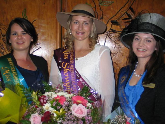 MISS SHOWGIRL. Burnett Sub-chamber Miss Showgirl 2011 runner up Sarah Seabrook of Biggenden with winner Emma-Kate McGeorge of Eidsvold and Miss Showgirl 2010 Brianna Hockey of Monto following Saturday's judging at Biggenden. Photo Erica Murree / Central & North Burnett Times