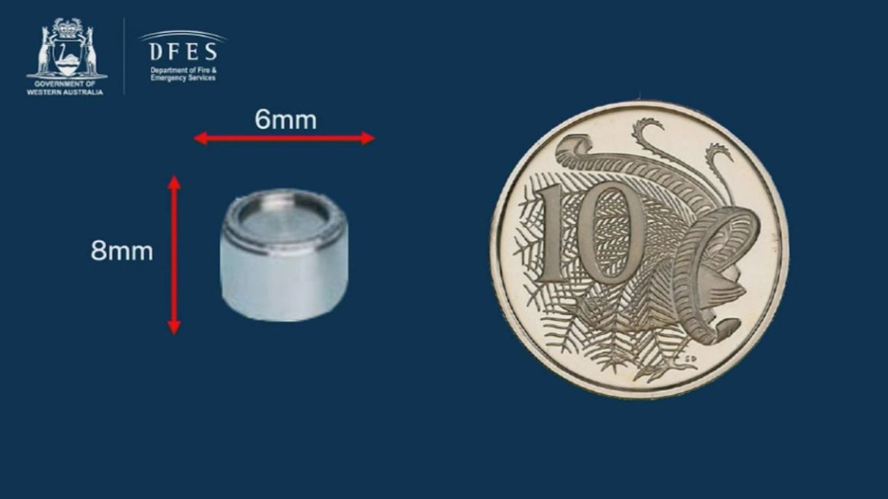 A radioactive capsule is smaller than a dime. Photo: DFES