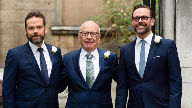 Australian-born media magnate Rupert Murdoch with his sons Lachlan and James. Picture: AFP