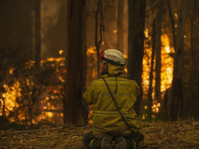 Firefighters work to control a small fire burning south of Eden over the weekend. Picture Gary Ramage.