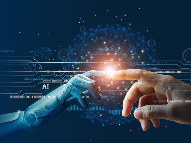 AI, Machine learning, Hands of robot and human touching on big data network connection background, Science and artificial intelligence technology, innovation and futuristic.