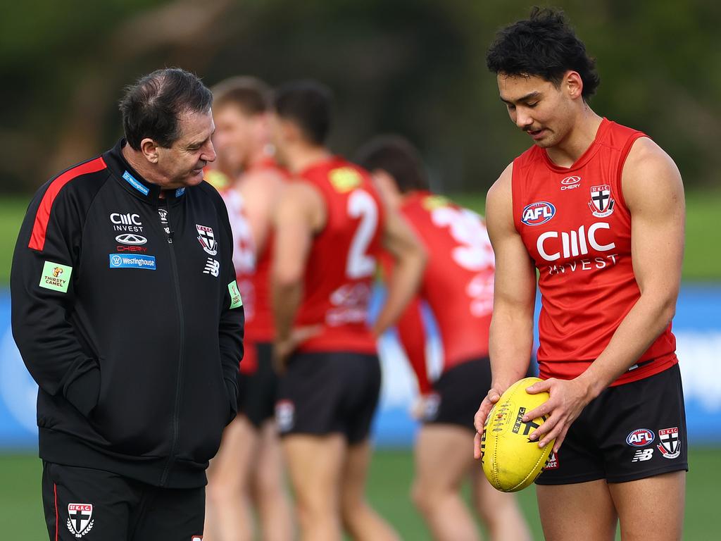 St Kilda young gun Mitch Owens talks to his coach. Picture: Quinn Rooney/Getty Images