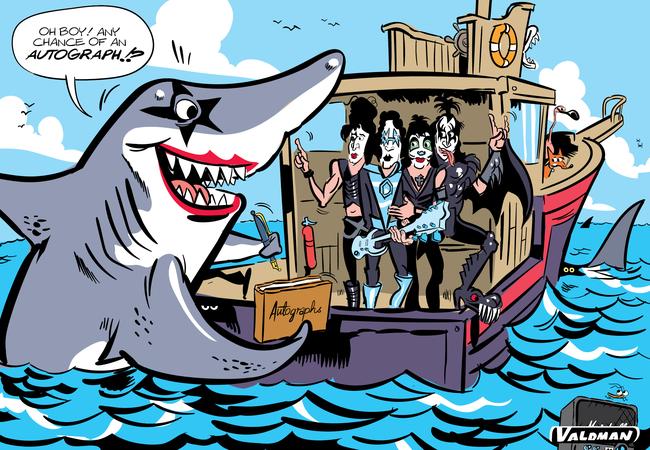 KISS perform in Port Lincoln, ostensibly to lure in sharks. Cartoon: Jos Valdman