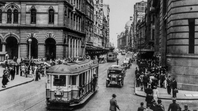 Tram crossing at the corner of George Street and Wynyard Street in 1938. Picture: City of Sydney Archives