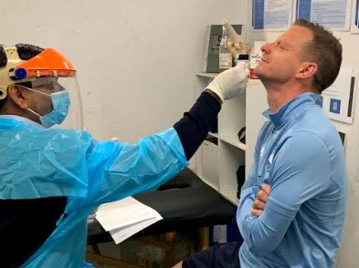 Sydney FC captain Alex Wilkinson is tested for COVID-19 ahead of the planned resumption of the A-League season. Supplied.