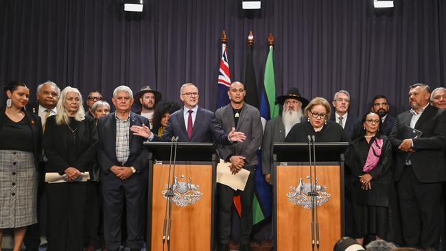 Anthony Albanese, Labor ministers and members of the referendum working group at Parliament House on Thursday. Picture: Martin Ollman