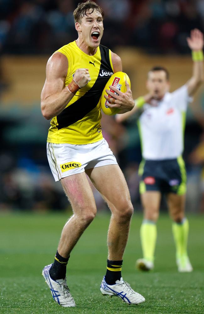 Tom J. Lynch of the Tigers celebrates in the Preliminary Final