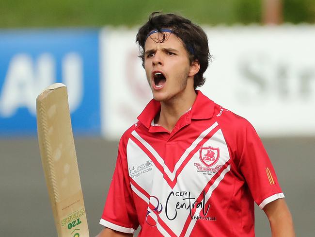 Sam Konstas celebrates scoring a century for St George at Hurstville Oval in 2022. Picture: Jeremy Ng/News Corp Australia