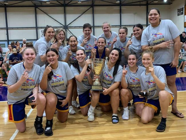 Tracy Village Jets celebrates its 2021 Darwin Basketball League women’s title. Picture: Supplied