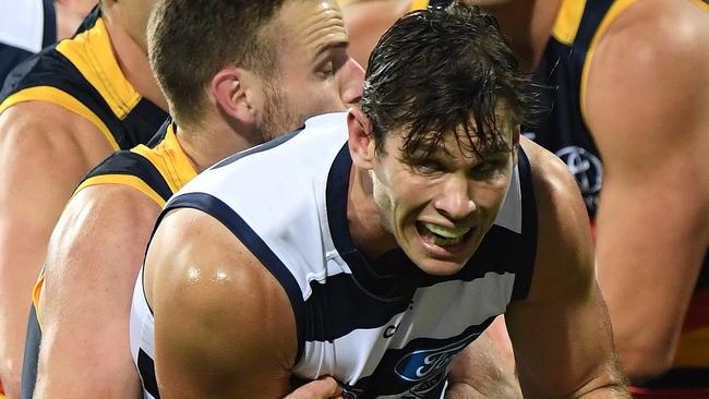Tom Hawkins has been banned for a jumper punch. Picture: AAP