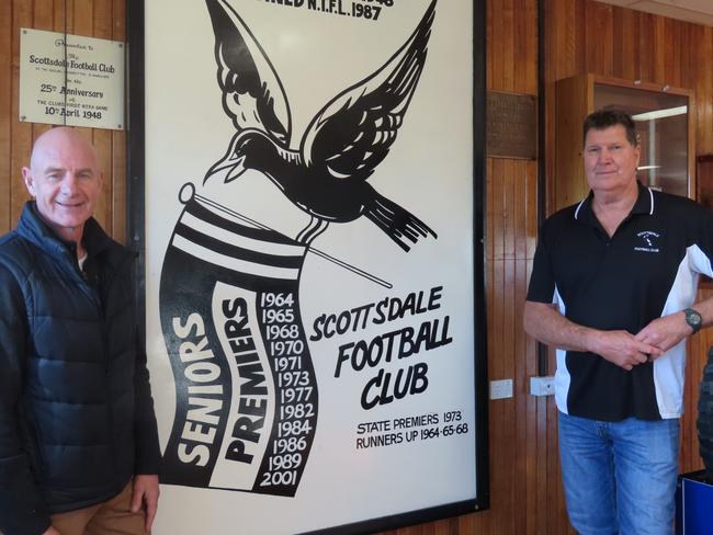 Scottsdale's number one ticket holder and former premier, Peter Gutwein, with Scottsdale legend and AFL Tasmania Hall of Famer Peter Roozendaal earlier this year. Picture: Jon Tuxworth