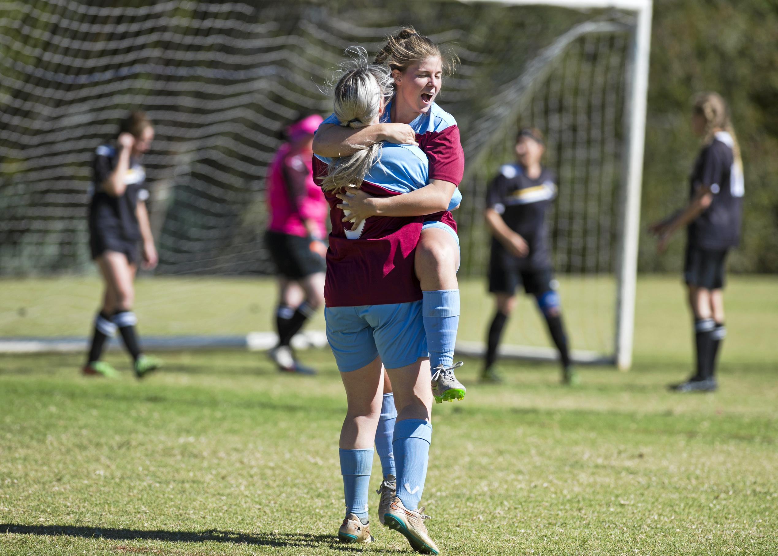 Sarah Glass, St Albans celebrates Savannah Orcher's goal. Womens West Wanderers vs St Albans. Sunday, 20th May, 2018. Picture: Nev Madsen