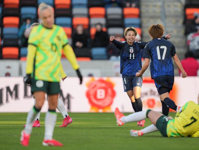 HOUSTON, TEXAS - FEBRUARY 20: Maika Hamano #17 of Japan celebrates scoring with Mina Tanaka #11 during the second half against Australia during a SheBelieves Cup match at Shell Energy Stadium on February 20, 2025 in Houston, Texas. (Photo by Brad Smith/ISI Photos/USSF/Getty Images for USSF)