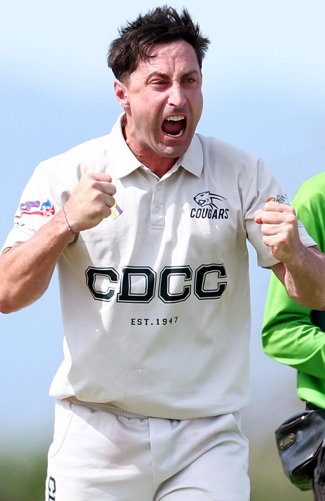 Rob Johnston celebrates a wicket for Carrum Downs. (Photo by Josh Chadwick)