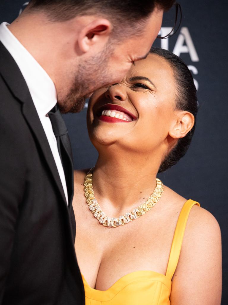 SYDNEY, AUSTRALIA - NCA NewsWire Photos - DECEMBER 07, 2022: Miranda Tapsell with husband James Colley attend the red carpet event for the 2022 AACTA Awards at the Hordern Pavilion in Sydney. Picture: NCA NewsWire / Christian Gilles