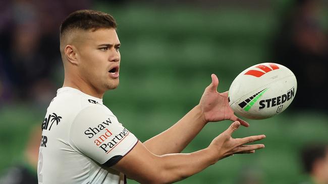 Josh Schuster will miss Manly’s historic trip to Las Vegas, but his coach is confident he will overcome niggling injuries to produce the best footy of his career over the next two years. Picture: Robert Cianflone/Getty Images